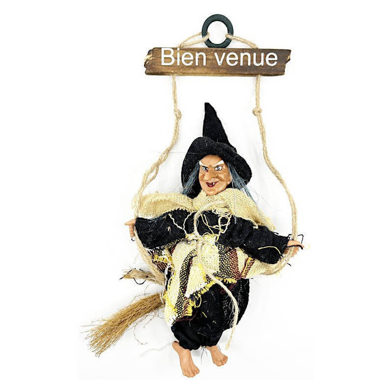 Black Alsatian witch with scarf to hang Welcome 28 cm