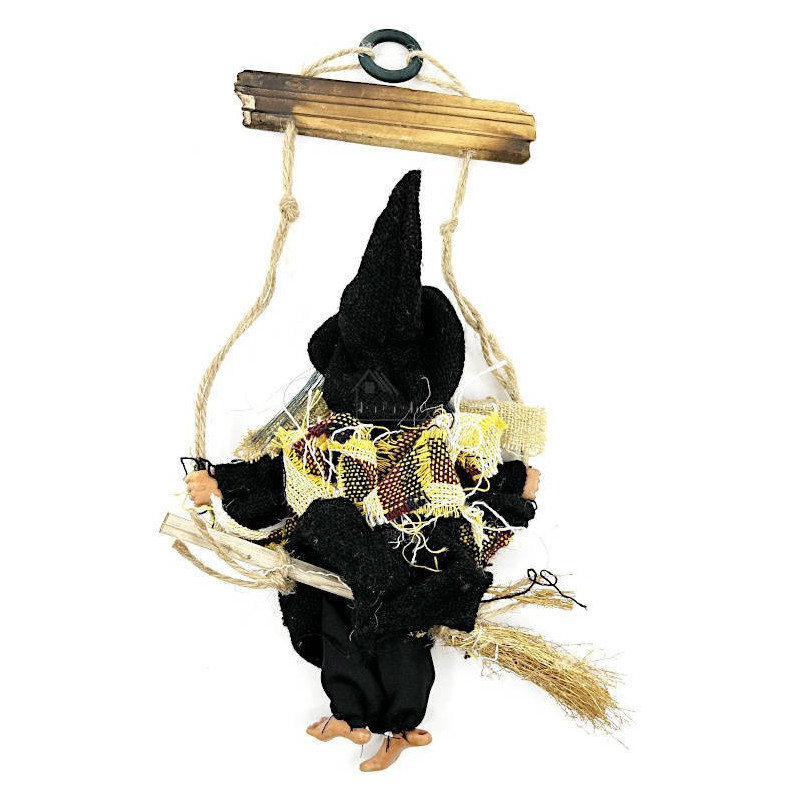 Elsässische Hexe schwarz mit Schal hängend Willkommen 28 cm