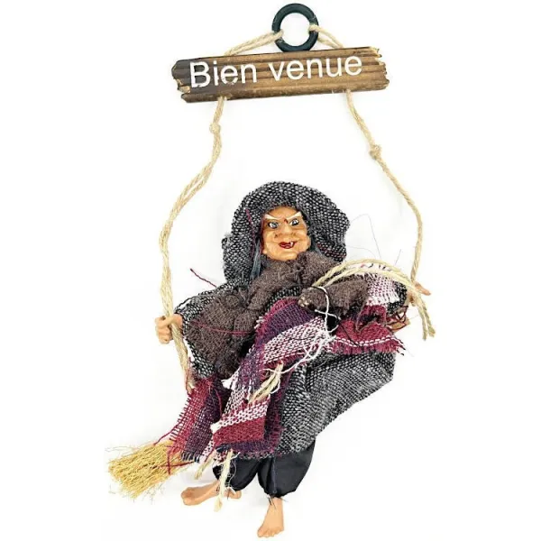 Sorcière d'Alsace anthracite avec foulard suspendue bienvenue 28 cm