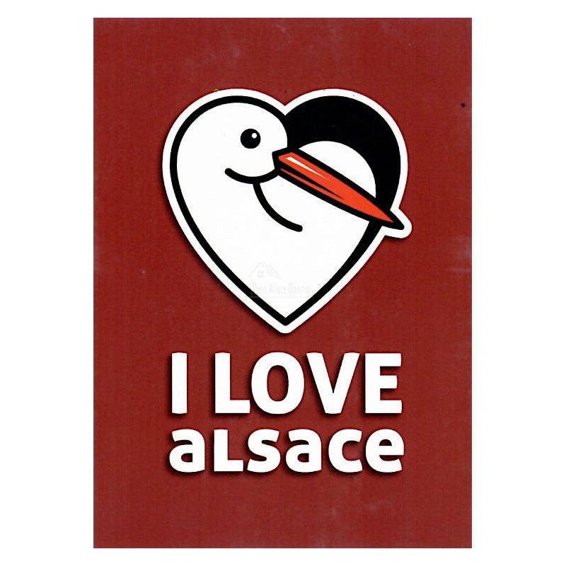Carte Postale fond rouge Cigogne I Love Alsace