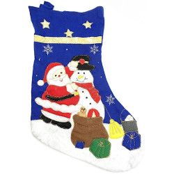 Chaussettes de Noël bleue décor Père Noël et Bonhomme de neige