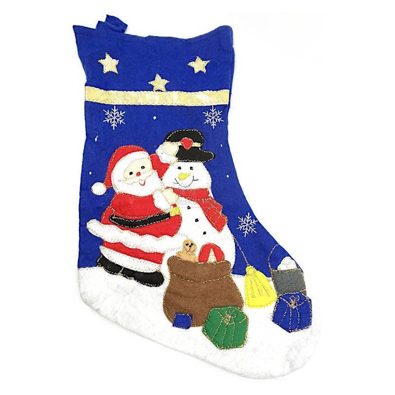 Chaussettes de Noël bleue décor Père Noël et Bonhomme de neige