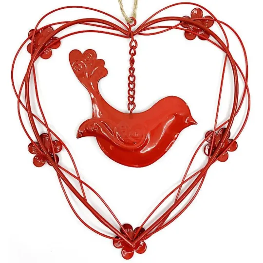 Coeur d'Alsace en Métal rouge avec Oiseau en suspension