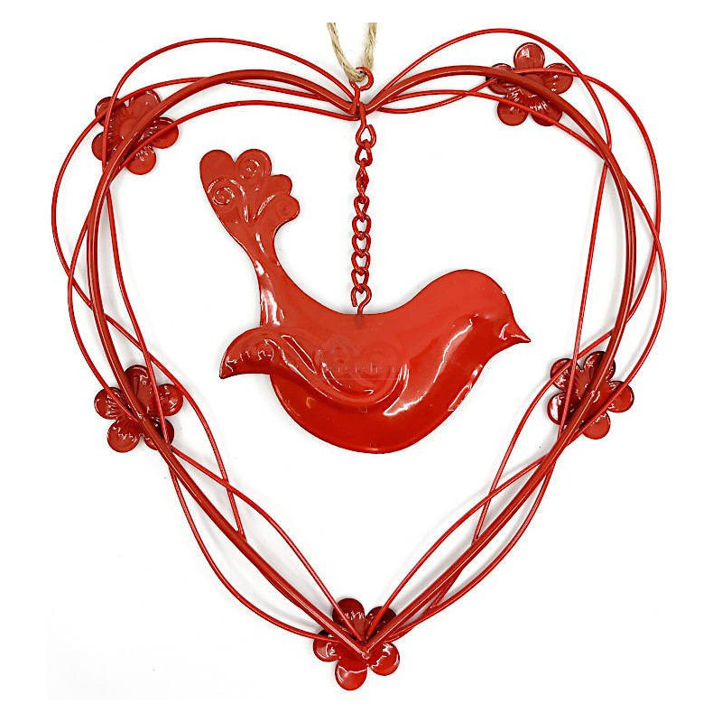 Heart of Alsace in red Metal with Bird in suspension