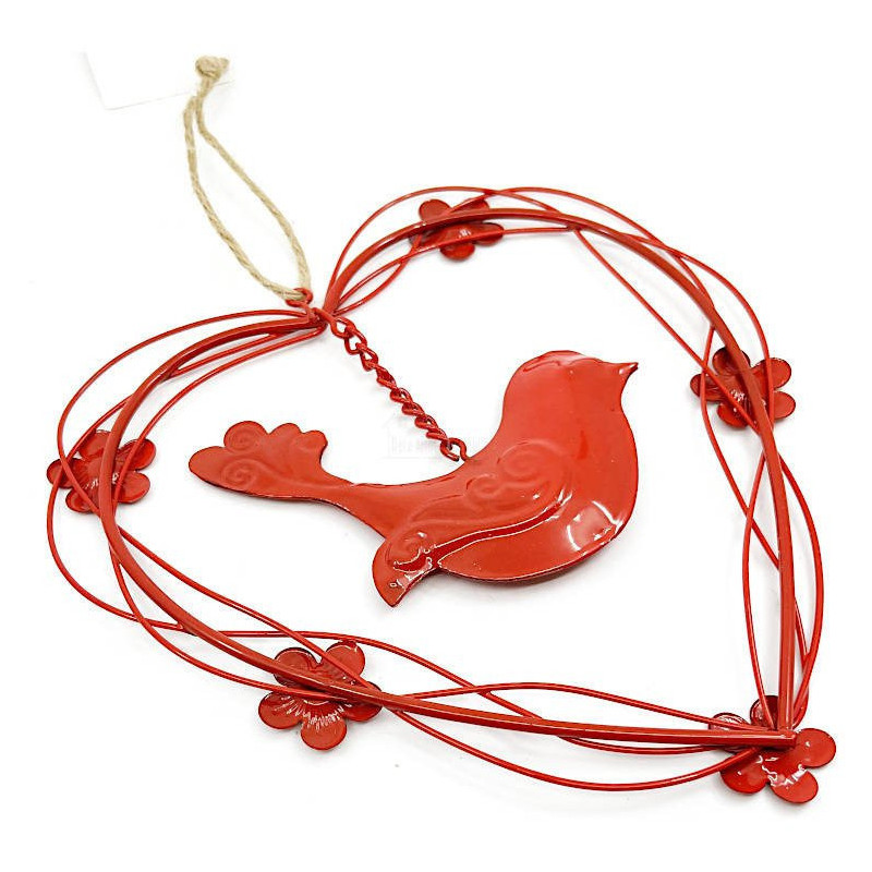 Heart of Alsace in red Metal with Bird in suspension