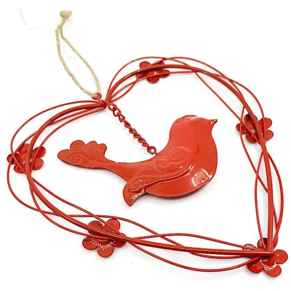 Coeur d'Alsace en Métal rouge avec Oiseau en suspension