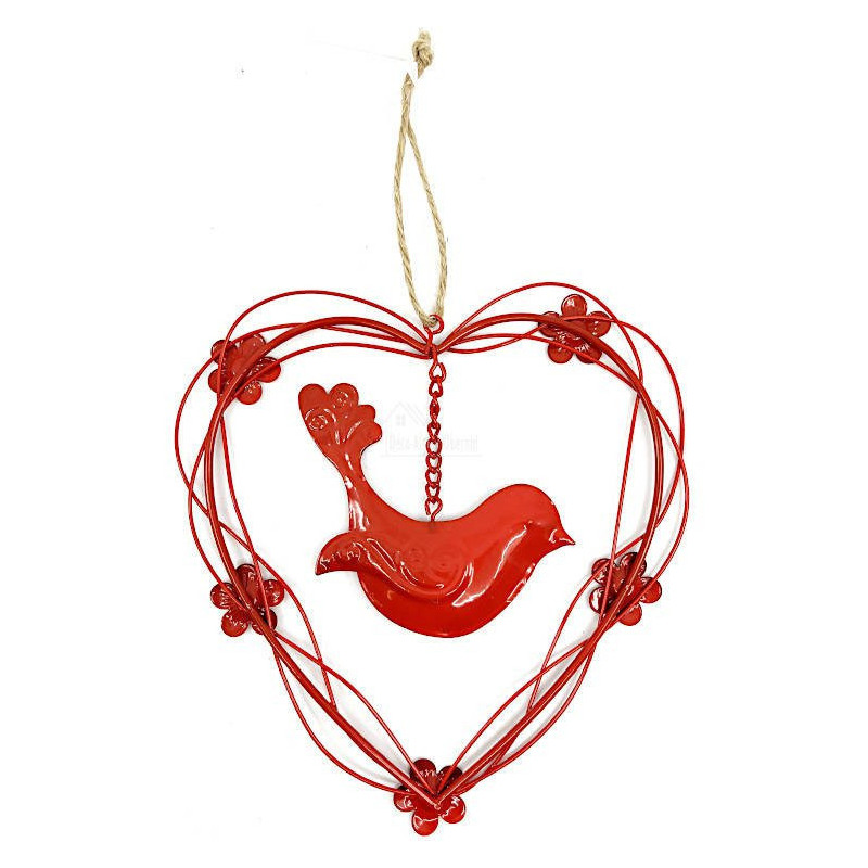 Heart of Alsace in red Metal with Bird in suspension