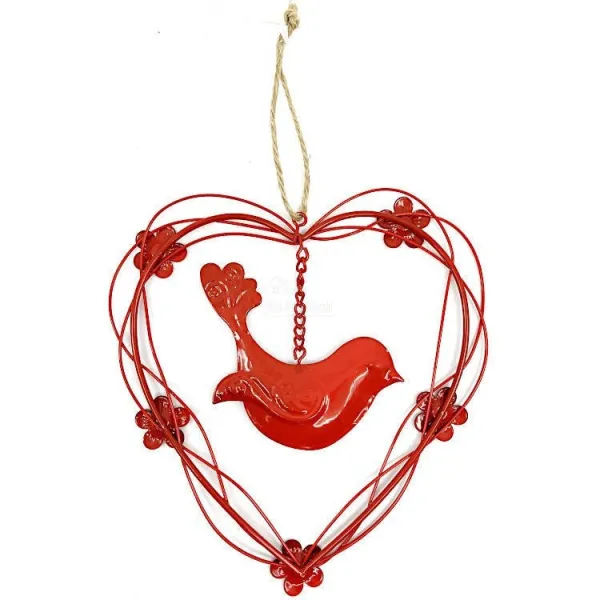 Coeur d'Alsace en Métal rouge avec Oiseau en suspension
