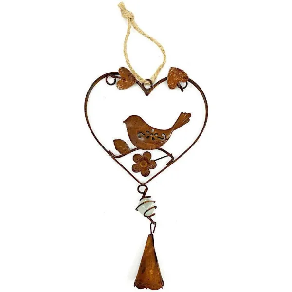 Coeur d'Alsace en Métal rouillé avec Oiseau et Clochette