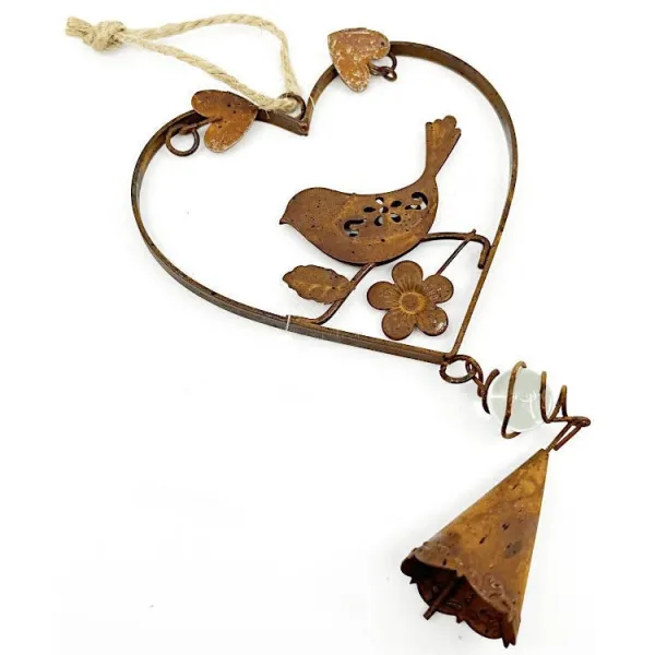 Coeur d'Alsace en Métal rouillé avec Oiseau et Clochette