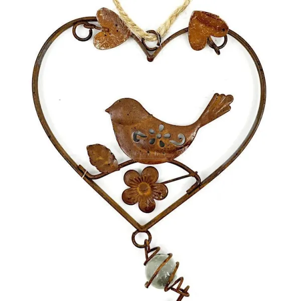 Coeur d'Alsace en Métal rouillé avec Oiseau et Clochette