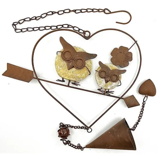 Coeur d'Alsace en Métal rouillé avec Chouettes et Clochette