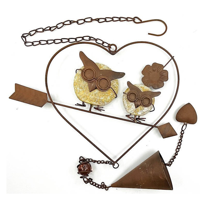 Rusted Metal Heart of Alsace with Owls and Bell