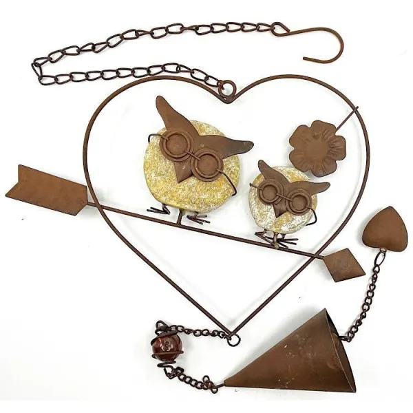 Rusted Metal Heart of Alsace with Owls and Bell