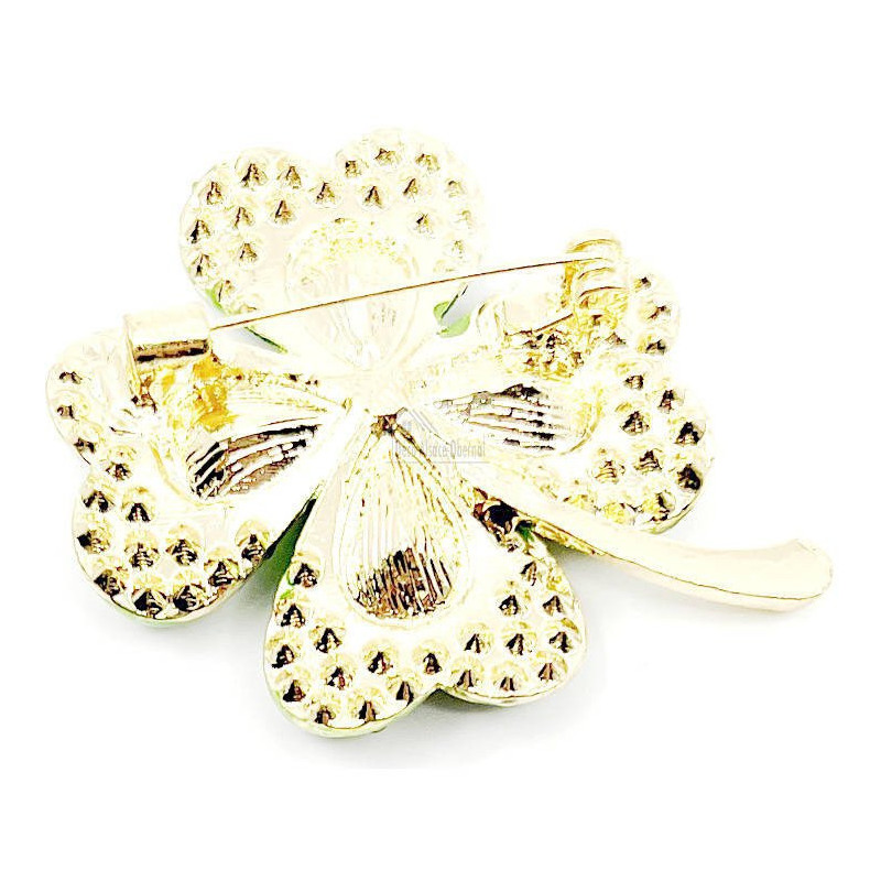 Fancy gold brooch 4 leaf clover with rhinestones
