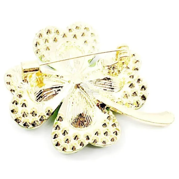 Goldfarbene Fantasiebrosche Kleeblatt mit Strasssteinen
