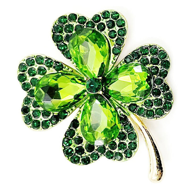 Fancy gold brooch 4 leaf clover with rhinestones