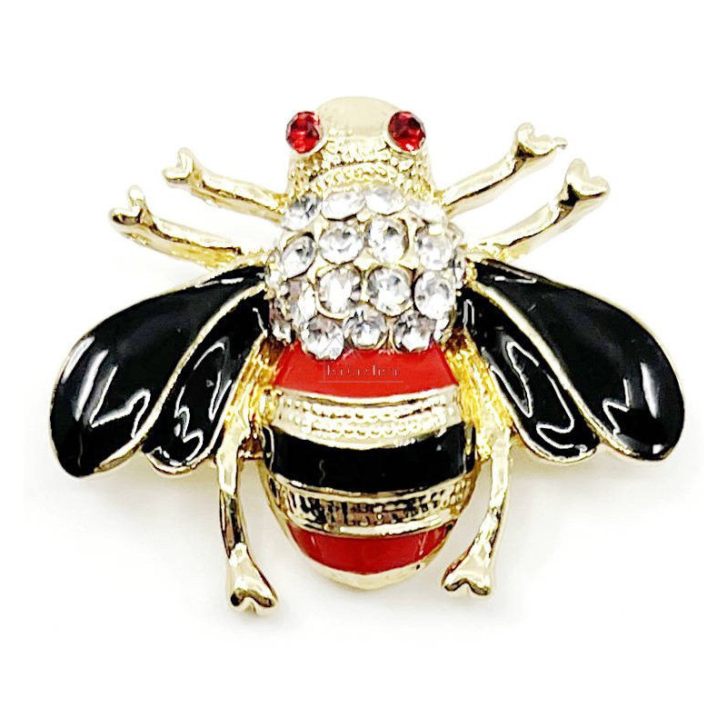 Gold Fantasy Brooch Striped Bee with Rhinestone