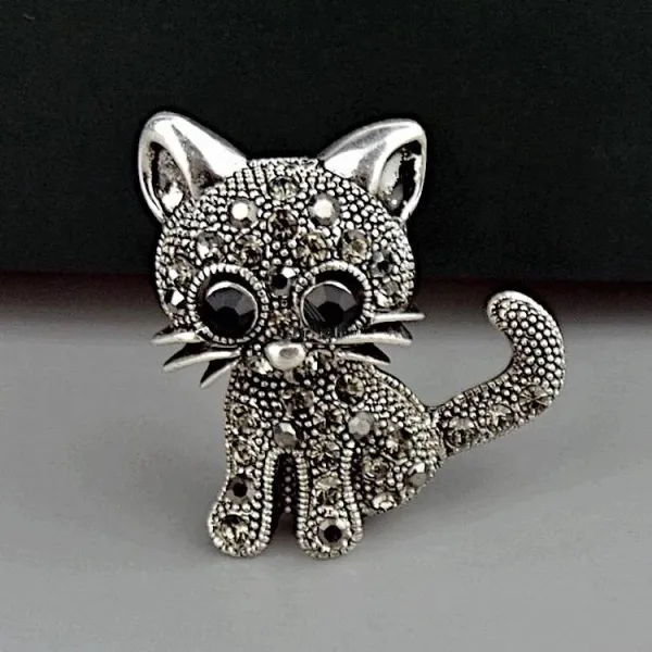 Fancy silver brooch Kitten with rhinestones