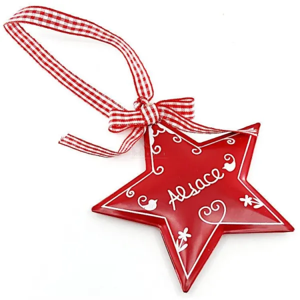 Étoile décorative Métal Rouge Alsace et ruban Vichy