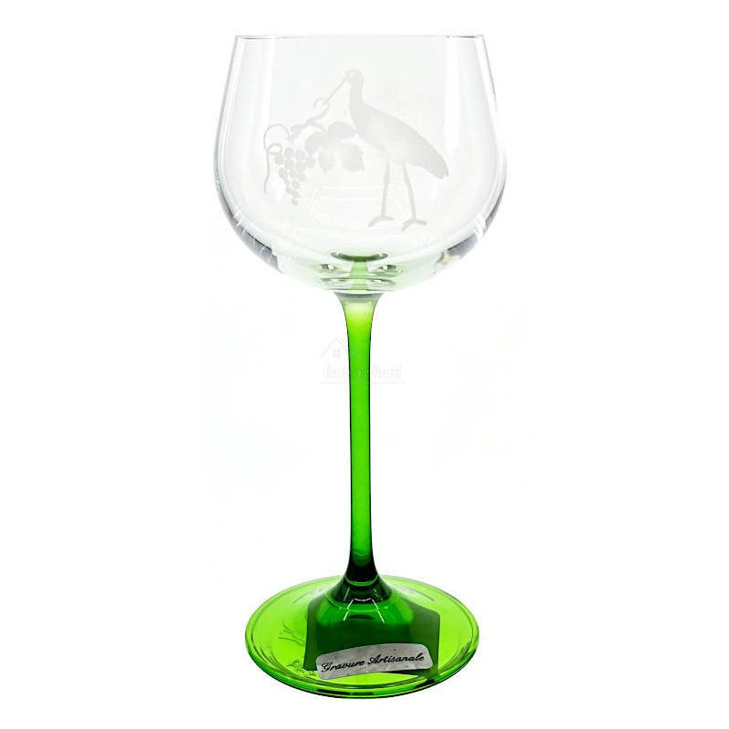 6 Rhine Crystal Wine Glasses engraved with Alsace Stork