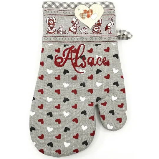 Gant de Cuisine brodé Alsace motifs Coeurs et Hansi