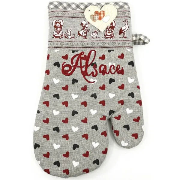 Bestickter Küchenhandschuh aus dem Elsass mit Herz und Hansi-Motiven