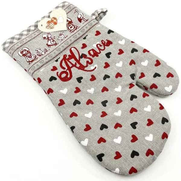 Gant de Cuisine brodé Alsace motifs Coeurs et Hansi