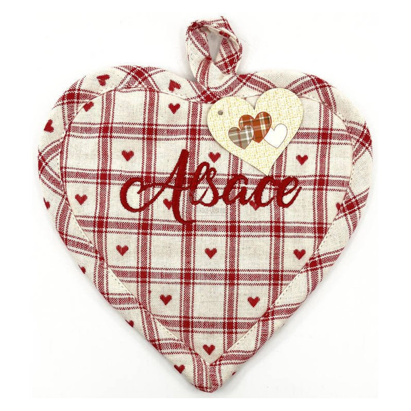 Alsace embroidered Heart Kitchen Potholder with Vichy motifs
