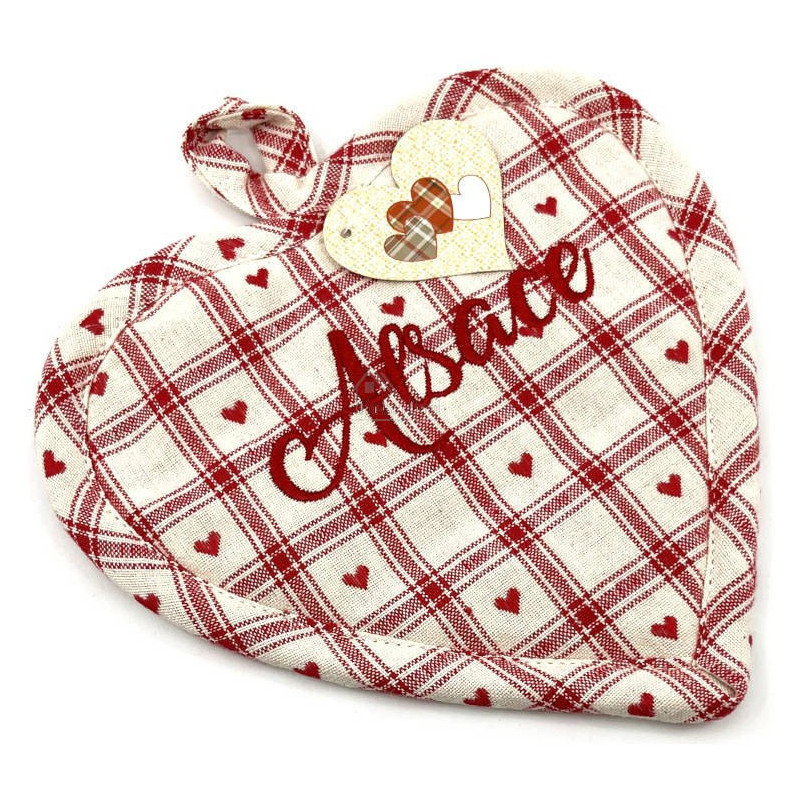 Alsace embroidered Heart Kitchen Potholder with Vichy motifs