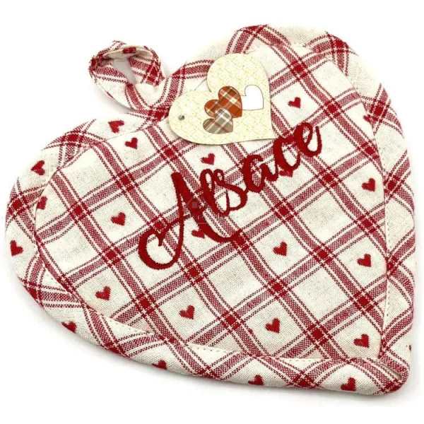 Alsace embroidered Heart Kitchen Potholder with Vichy motifs