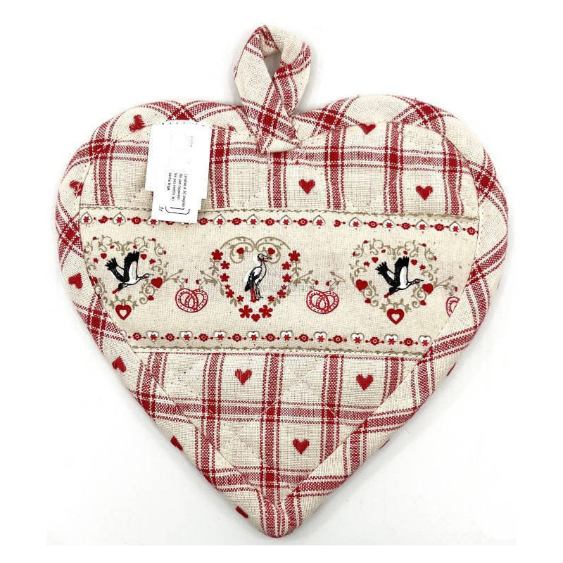 Alsace embroidered Heart Kitchen Potholder with Vichy motifs