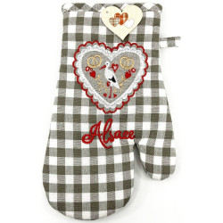 Gant de Cuisine Vichy gris brodé Cigogne et Coeurs