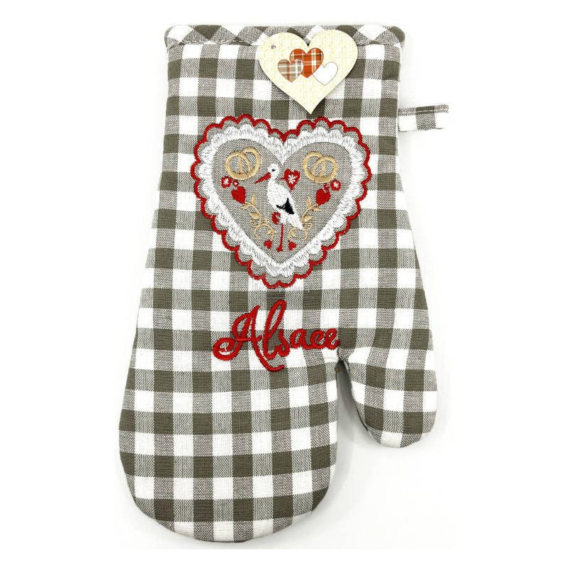 Grey Vichy Kitchen Glove with Stork and Hearts