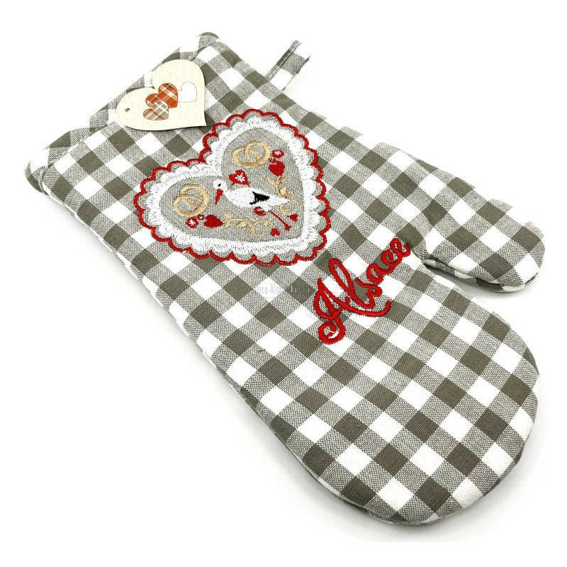 Grey Vichy Kitchen Glove with Stork and Hearts