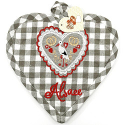 Grey Vichy Kitchen Potholder with Stork and Hearts embroidery