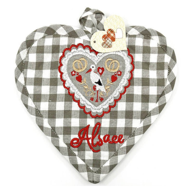 Grey Vichy Kitchen Potholder with Stork and Hearts embroidery
