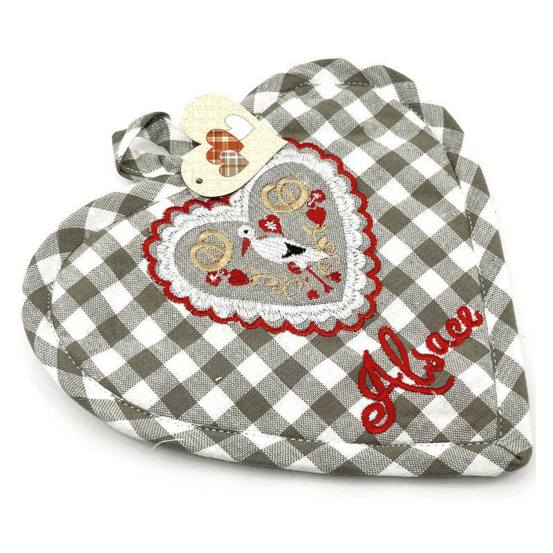 Grey Vichy Kitchen Potholder with Stork and Hearts embroidery