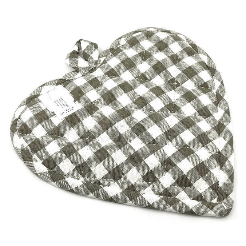 Grey Vichy Kitchen Potholder with Stork and Hearts embroidery