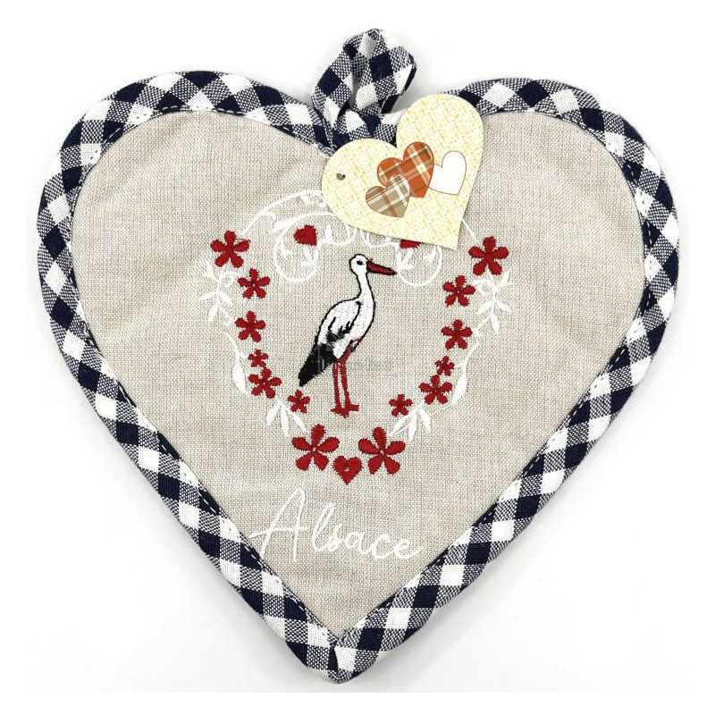 Blue Vichy Kitchen Potholder with Stork and Hearts