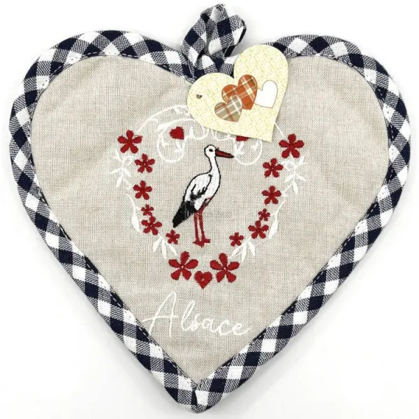 Topflappen aus blauem Vichy-Karo mit besticktem Storch und Herzen