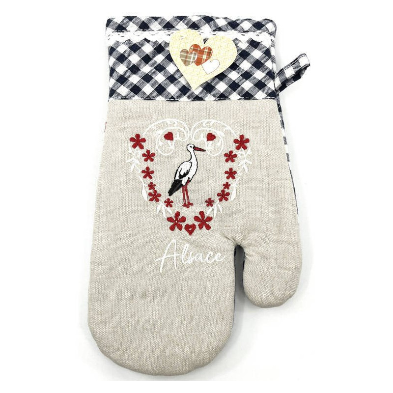 Gant de Cuisine Vichy bleu brodé Cigogne et Coeurs