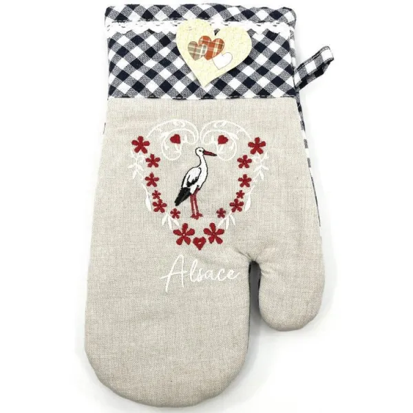 Gant de Cuisine Vichy bleu brodé Cigogne et Coeurs