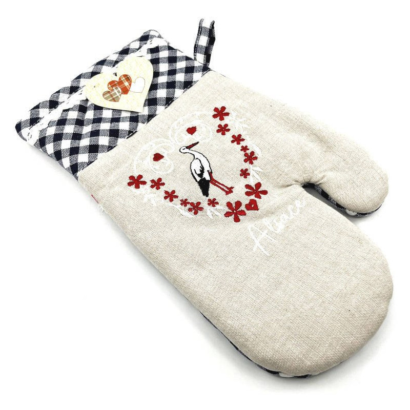 Blue Vichy Kitchen Glove with Stork and Hearts Embroidery