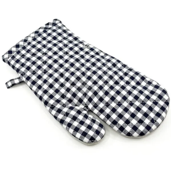 Kochhandschuh Vichy blau, bestickt mit Storch und Herzen