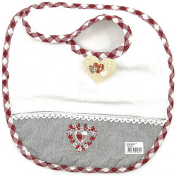 Alsatian Embroidered Baby Bib with Hearts, Lace and Vichy