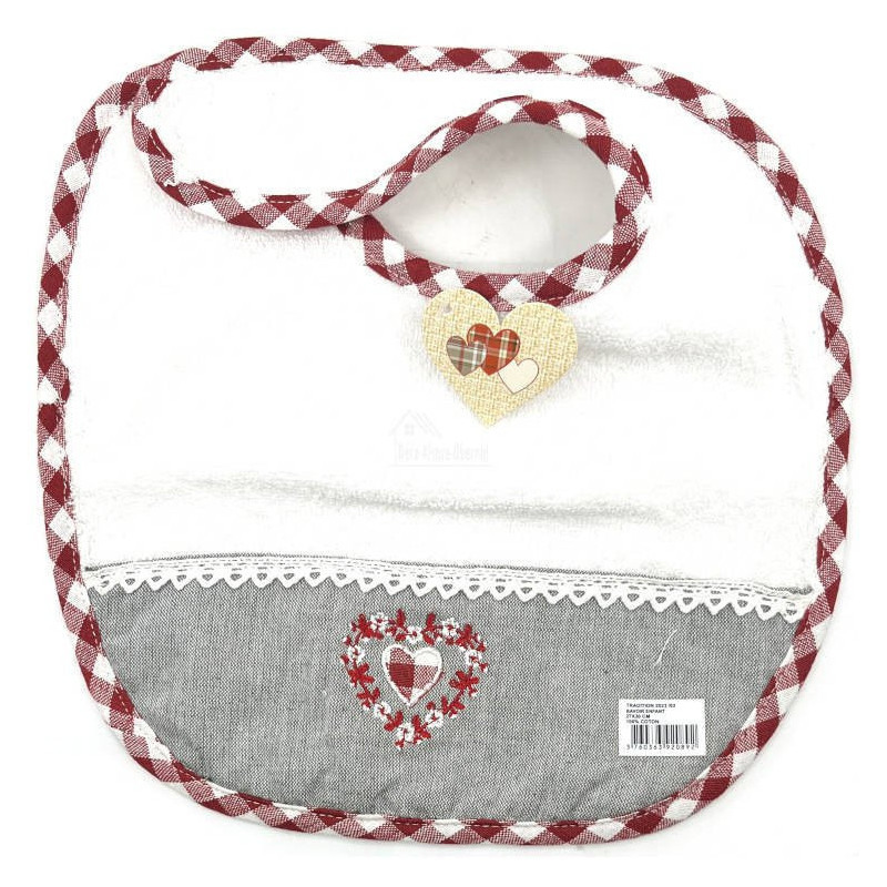 Alsatian Embroidered Baby Bib with Hearts, Lace and Vichy