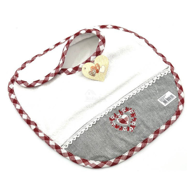 Alsatian Embroidered Baby Bib with Hearts, Lace and Vichy