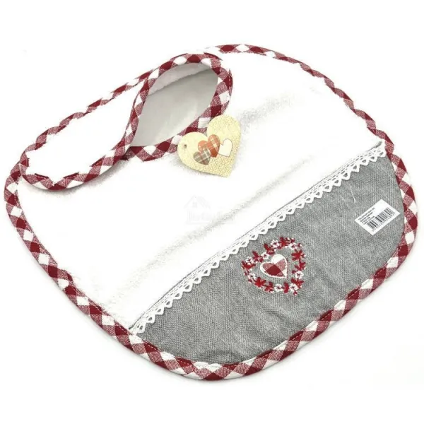 Elsässisches Baby-Lätzchen mit Herzchen-Stickerei, Spitzen und Vichykaro