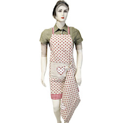 Adjustable Kitchen Apron with Embroidered Hearts and Tea Towel